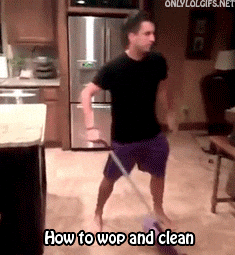 A gif of a guy cleaning the containers and moping the floor.