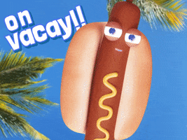 Digital compilation gif. Cartoon hot dog character with heavy-lidded eyes and a neutral expression flies up and into the sky through palm trees overhead. Text, "On vacay!'