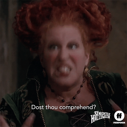 Movie gif. Flabbergasted Bette Midler, as Winifred in Hocus Pocus says with a bothered expression, “Dost thou comprehend?”