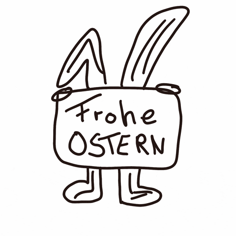 Kreslený černobílý německý velikonoční gif s králíčkem a přáním Frohe Ostern.