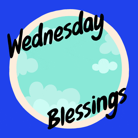 Digital illustration gif. Unicorn with a glorious rainbow mane enters a circular white frame filled with turquoise clouds, as a rainbow arcs overhead. Shapes flash across the bright blue background behind the circular frame. Text reads, "Wednesday Blessings."
