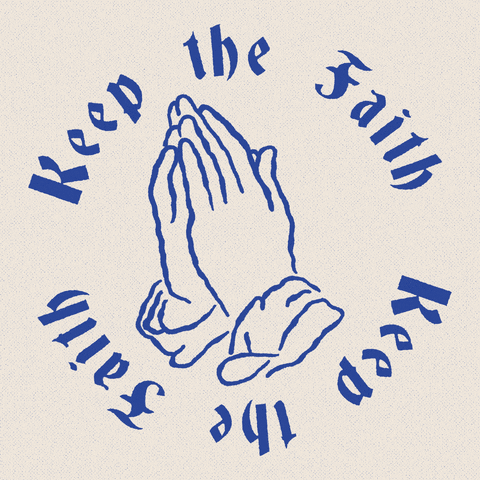 Text gif. A pair of praying hands is surrounded by a spinning message that reads, “keep the faith.”