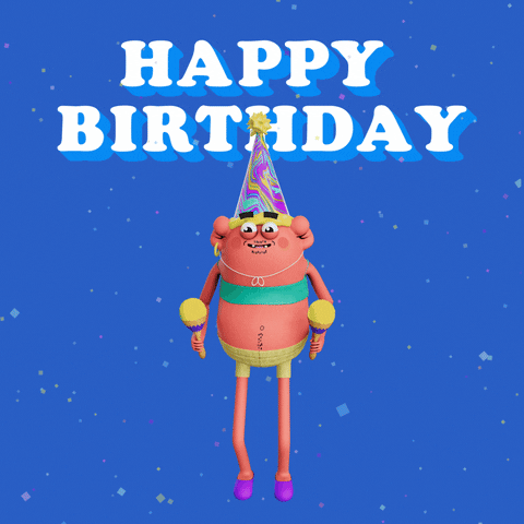 Digital art gif. A bean with really long legs wears a birthday hat and holds maracas in both hands. They dance in front of a blue starry background. Text, "Happy Birthday."