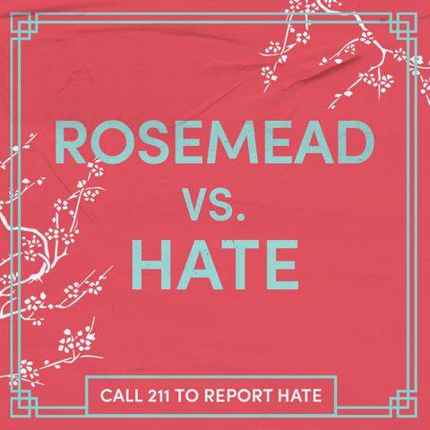 Text gif. Sage green letters on a coral background, surrounded by swaying cherry blossom branches as a butterfly glides through. Text, "Rosemead vs hate, call 211 to report hate."