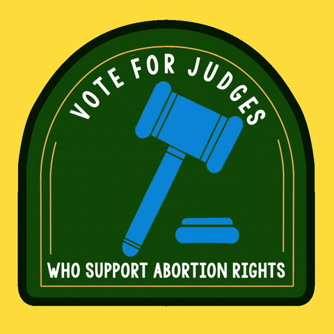 Political gif. Green and gold plaque with a blue gavel pounding the block, surrounded by the message "Vote for judges who support abortion rights" against a yellow background.