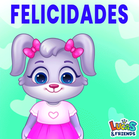 Cartoon gif. A bunny with two pigtails tied with pink bows wears a dress with a heart and bright pink skirt. She comes up close to hand us a colorful bouquet of flowers and blinks cutely. Text above reads, "Felicidades." 