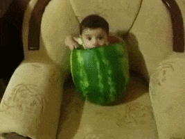 Video gif. A baby inside of a watermelon resting on an armchair.