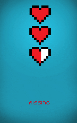 Digital art gif. Three pixelated hearts glow red but the last heart is only half full, flickering in and out. Text, "Missing."
