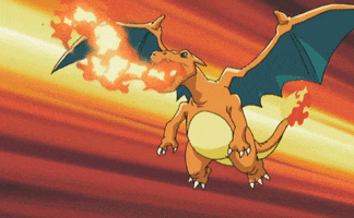 Cartoon gif. Charizard from Pokémon is flying while flames roar out of its mouth and tail. The background is yellow, orange, and red, the same colors as its fire.