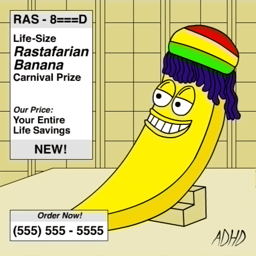 Cartoon gif. A Rasta banana on Animation Domination High Def, wearing a beanie with dreadlocks, is displayed on a home shopping network ad. Words and numbers flash, as the listing is displayed: "Life-Size Rastafarian Banana carnival prize. Our price: your entire life savings."