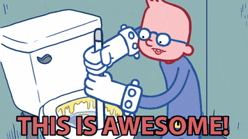 Cartoon gif. Computer Fist from Super Fuckers happily scrubs a filthy toilet and raises arms proudly. Text, "This is awesome!"