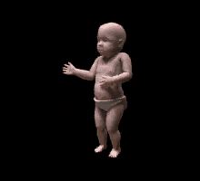 Video gif. A computer rendering of a baby in diapers silly dancing and playing the air guitar.