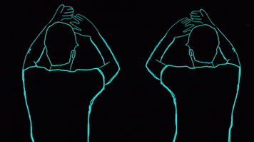 Digital art gif. Flashing neon outlines of two people change colors as they give a standing ovation.