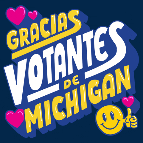 Digital art gif. Yellow and white 3D bubble letters with blue-purple shadowing bob in and out on an navy background, surrounded by hot pink hearts and a smiley face giving a thumbs up. Text, "Gracias votantes de Michigan."