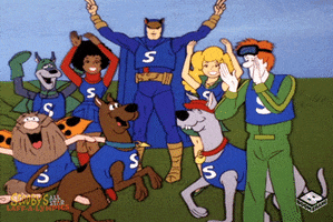 Cartoon gif. Scooby Doo characters wear blue tank tops with the letter 'S' on them. They clap, wave their arms in the air, or bounce on their paws in celebration.