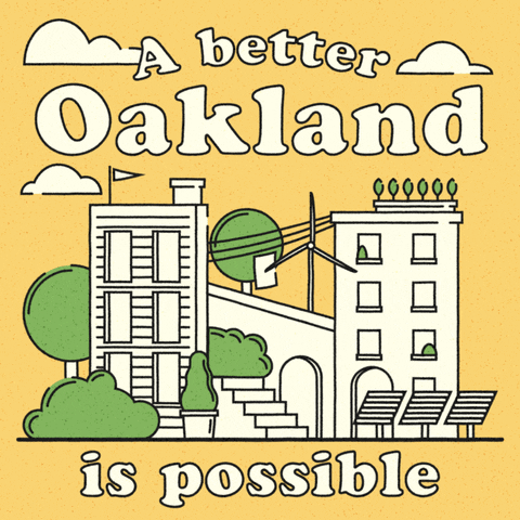 Digital art gif. Illustration of a peaceful scene set against a pale yellow background: a large apartment building surrounded by green trees, power lines, a spinning wind turbine and solar panels. Large white bubble letters read, "A better Oakland is possible."