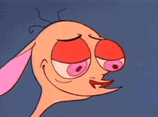 Cartoon gif. Ren from Ren and Stimpy sweating and trembling, looking extremely nervous.