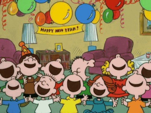 Pohyblivé gif přání k svátku s kreslenými jásajícími dětmi, chytajícími barevné nafukovací balónky.
