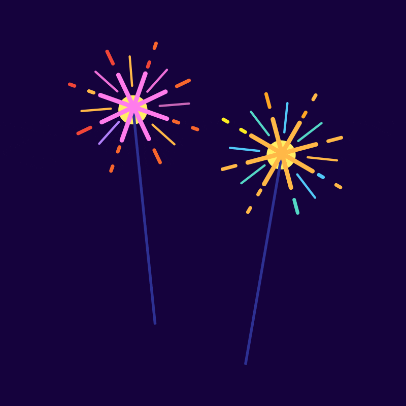 Digital art gif. Two sparklers with fireworks at the tip spin in celebration.