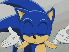 Cartoon gif. Sonic the Hedgehog on Sonic to the Rescue has his eyes closed and mouth open as he shrugs cooly. 