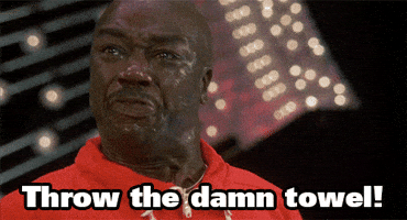 Movie gif. Carl Weathers as Apollo Creed in Rocky IV. He is sweating profusely and he looks incredibly distressed as he yells out, "Throw the damn towel!"