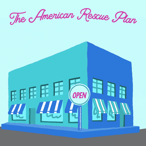 Illustrated gif. Open sign flashes in magenta at the corner of an aqua and periwinkle building with striped awnings. Text on a baby blue background, "The American Rescue Plan saved the economy."