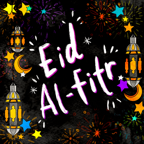 Digital art gif. The words "Eid al-Fitr" in sparkling white text are surrounded by illustrations of beautiful Moroccan lanterns, lit from within with gentle orange light, fireworks going off in the background.