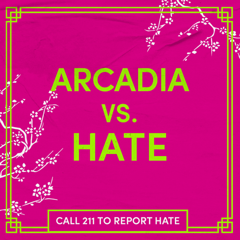 Text gif. Chartreuse letters on a hot pink background, surrounded by swaying cherry blossom branches as a butterfly glides through. Text, "Arcadia vs hate, call 211 to report hate."