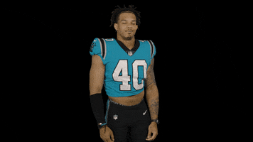 Sports gif. Brandon Smith of the Carolina Panthers looks at us with disappointment, cocking his head to the side, then shaking his head as he walks off.