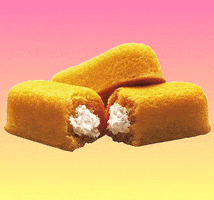 Photo gif. Two twinkies are laying on one another and one is cut in half, showing the creamy white inside and it shakes up and down. The background is yellow and pink.
