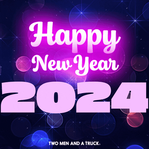 Text gif. The words "Happy New Year 2024" appear in bright pink glowing letters in front of a celestial background filled with planets and stars. Confetti explodes within the numbers in 2024. 