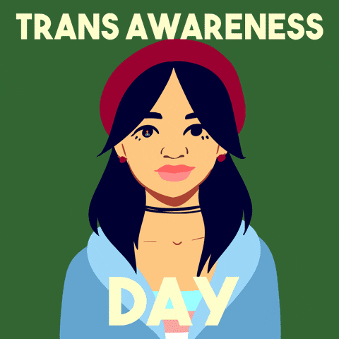 Illustrated gif. Person wearing a red beret appears in a circular frame on a forest green background. We zoom in on their eye, revealing a person with short brown hair, then continue cycling through a cast of diverse folks as each person's eye is magnified and the background changes. Text, "Trans Awareness Day."