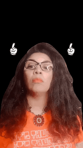 Video gif. Woman stares at us and then looks up as two white gloved hands point up.