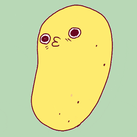 Cartoon gif. An anthropomorphic potato blinks while making duck lips.