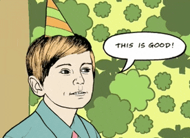 Cartoon gif. From the music video for "Young Folks" by Peter Bjorn and John, a boy wearing a party hat smiles and nods. A word balloon reads: Text, "This is good!"