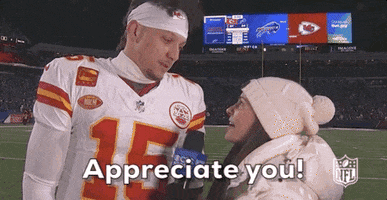 Sports gif. Patrick Mahomes of the Kansas City Chiefs is ending an interview and he quickly says, “Appreciate you!” before heading off.