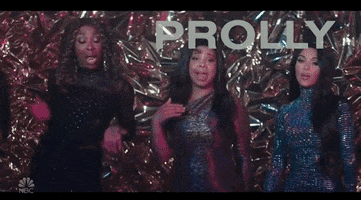 SNL gif. Celebrity Kim Kardashian West and comedians Cecily Strong, Ego Nwodim, Punkie Johnson dance in club wear during a SNL skit about being too old to go clubbing. Text. "Prolly too old for the club."