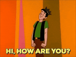 Cartoon gif. Jughead from the Archie Show stands proudly, smiling with his eyes closed, while waving his arm in a circular motion. Text, "hi, how are you?"