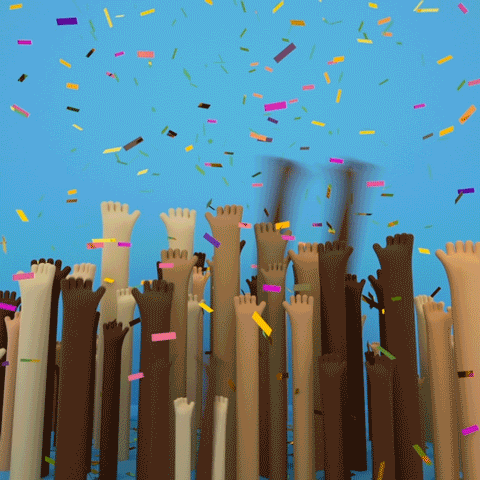 Digital art gif. Against a blue background, elongated arms of various colors and sizes bounce up and down and wave in excitement as confetti falls.