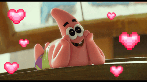 Gif of Patrick from Spongebob Squarepants looking adoringly at someone with pixelated hearts all around