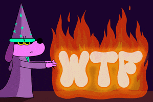 Cartoon gif. Magician dog with a magician's hat on waves their paws at a flame that erupts with the word, "WTF."