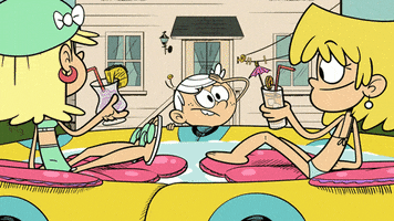 Cartoon gif. Lola, Leni, and Lincoln Loud from The Loud House. Leni and Lola are chilling in a pool together and they clink glasses while Lincoln peers at them sadly from the outside, clearly wanting to join in.