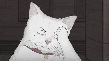 Cartoon gif. An exasperated white cat from the TV series, Animals, facepalms.
