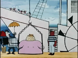Cartoon gif. A large woman is being lifted into a boat and when she lands, the water around the boat splashes onto the dock.