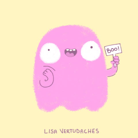 Cartoon gif. A pink ghost with giant eyes and a little open-mouthed smile holds one hand to its cheek, the other hand holding up a little sign that reads, "Boo!"