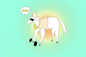 Illustrated gif. Sleeping horse wearing a sleep mask and sleeping cap lifts a barbell with its front leg over and over again as a thought bubble with three Z’s floats above his head.