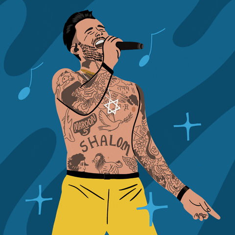 Illustrated gif. Adam Levine performing shirtless on an undulating teal background, music notes dancing around him, the Star of David around his neck.