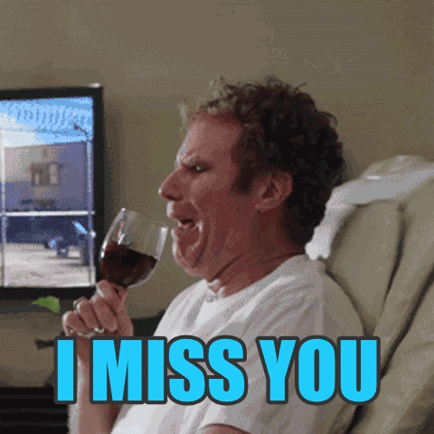 Movie gif. Will Ferrell as James in Get Hard sits in a vibrating chair and raises a glass of wine to his face, looking miserably sad, as he jiggles and wine jostles all over his mouth, neck, and white shirt. Text, "I miss you."