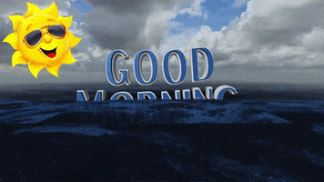 Text gif. Over the ocean shines a happy sun wearing sunglasses, zooming in on the text, “Good Morning.”