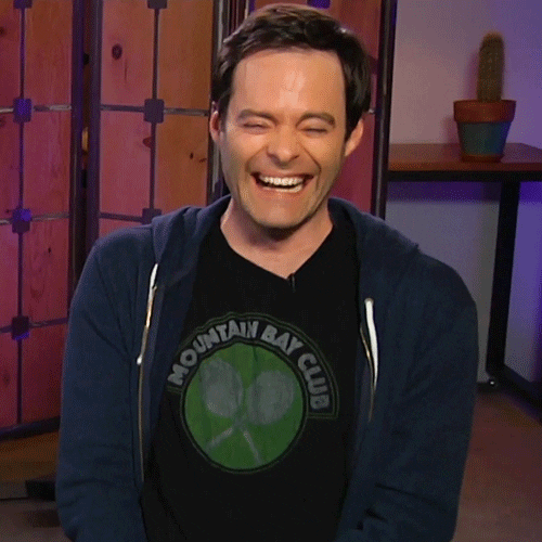 Celebrity gif. Bill Hader is being interviewed but he's cracking up. He smacks his thighs in glee as he laughs harder and harder.